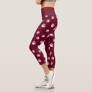 Cute White Paw Prints Pattern Burgundy Capri Leggings