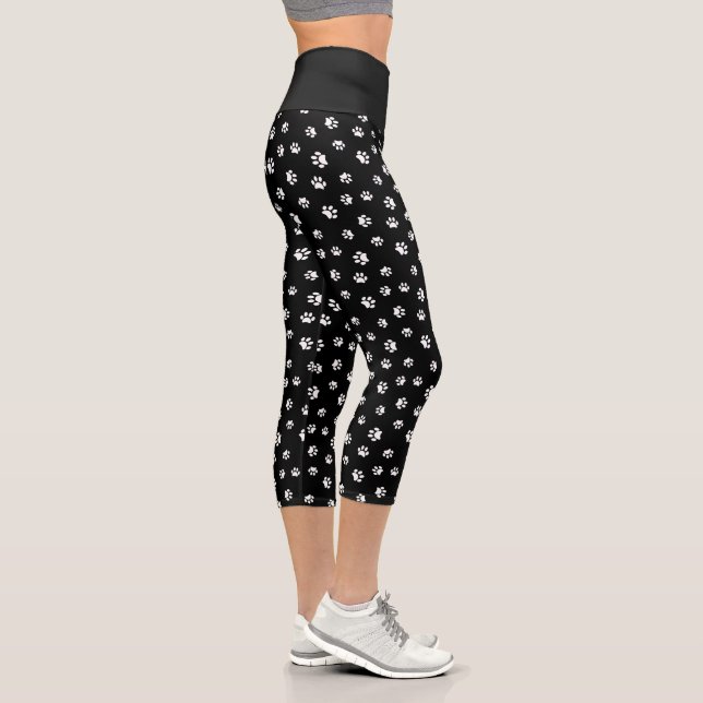 Cute White Paw Prints Pattern on Black Capri Leggings (Right)