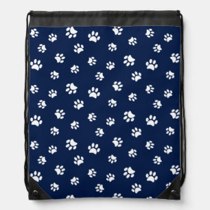 Cute White Paw Prints Pattern on Navy Blue Drawstring Bag