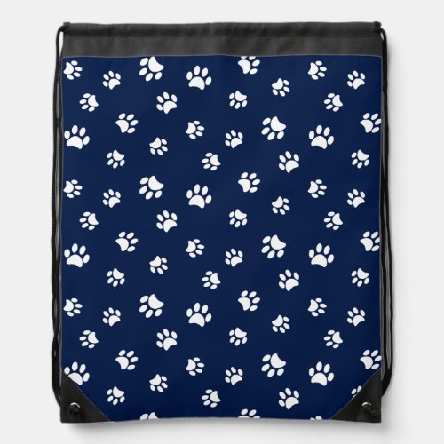 Cute White Paw Prints Pattern on Navy Blue Drawstring Bag