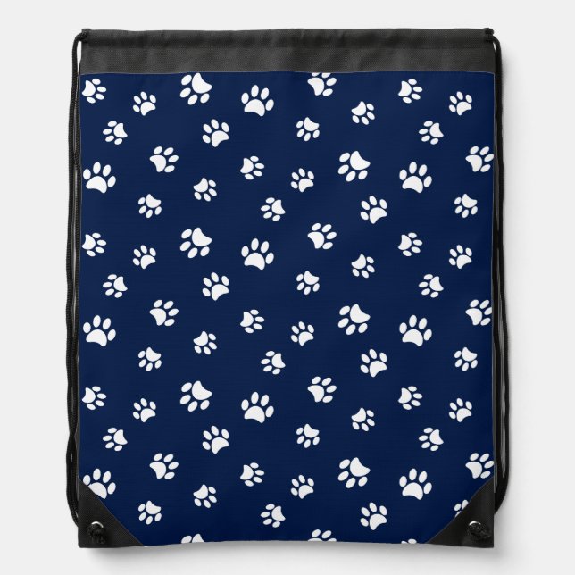 Cute White Paw Prints Pattern on Navy Blue Drawstring Bag (Front)