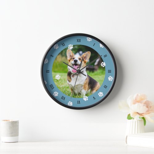 Cute White Paws Blue Frame Dog Photo Clock