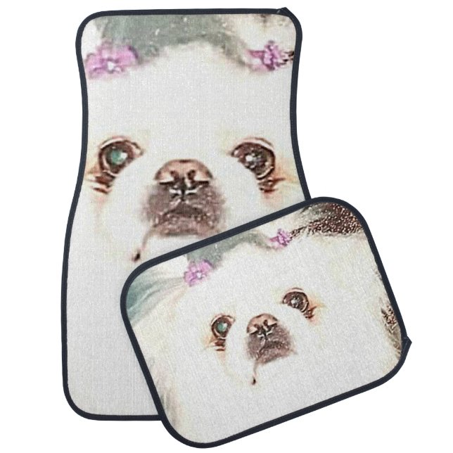 Cute White Pekingese Dog Full Set of Car Mats (Set)