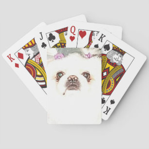 Cute White Pekingese Dog Playing Cards