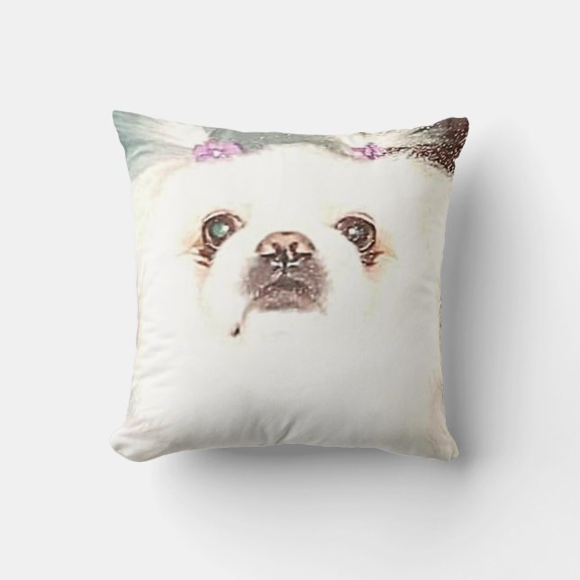 Cute White Pekingese Dog Throw Pillow (Front)