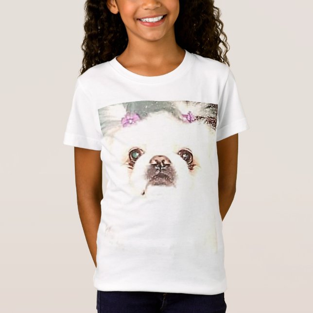 Cute White Pekingese Dog with Purple Bows T-Shirt (Front)