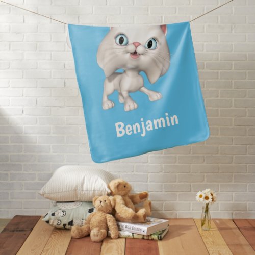 Cute White Persian Cartoon Cat Blue Baby Blanket