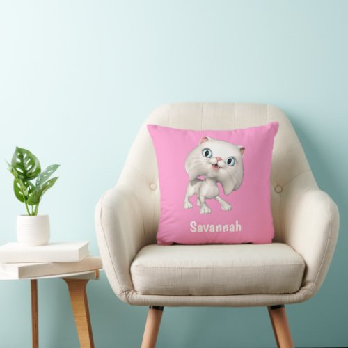 Cute White Persian Cartoon Kitten Pink Throw Pillow