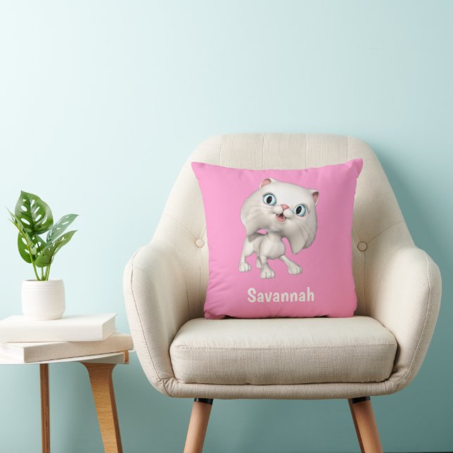 Cute White Persian Cartoon Kitten Pink Throw Pillow (Chair)