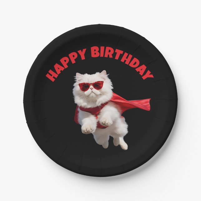 Cute White Persian Cat Superhero Paper Plates (Front)
