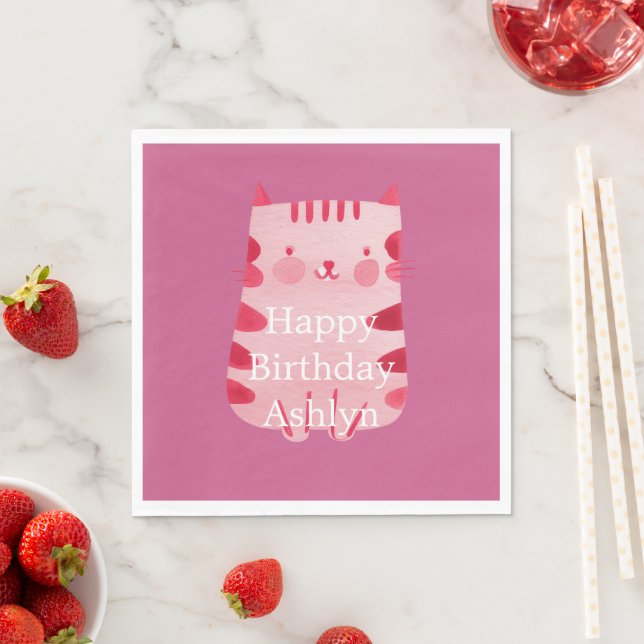 Cute White Pink Cat Birthday Personalized Napkins (Insitu)