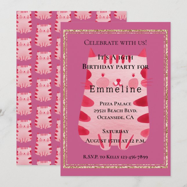 Cute White Pink Cat Gold Glitter 16th Birthday Invitation (Front/Back)