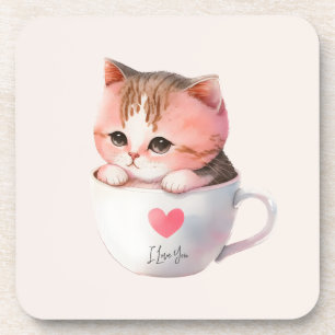 Cute White-Pink Cat in a Tea Cup (2) Beverage Coaster