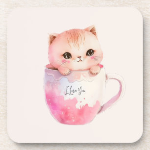 Cute White-Pink Cat in a Tea Cup (2) Beverage Coaster