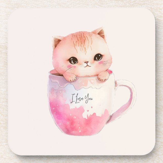 Cute White-Pink Cat in a Tea Cup (2) Beverage Coaster (Front)