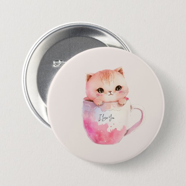 Cute White-Pink Cat in a Tea Cup (2) Button (Front & Back)