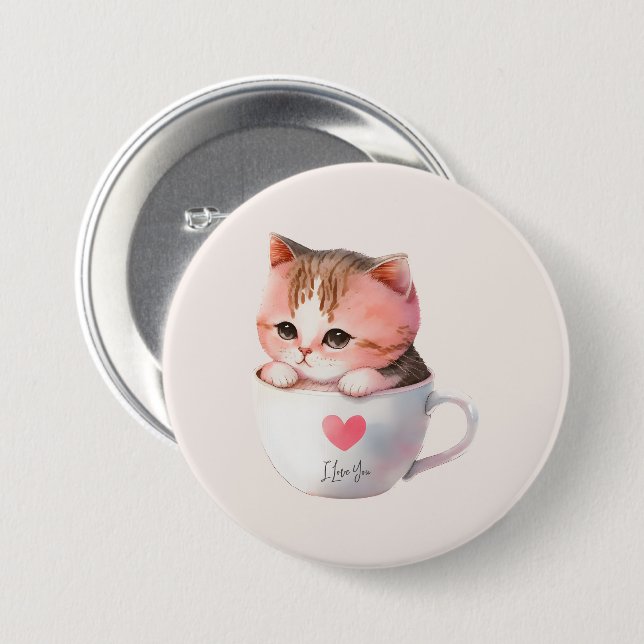 Cute White-Pink Cat in a Tea Cup (2) Button (Front & Back)