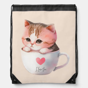 Cute White-Pink Cat in a Tea Cup (2) Drawstring Bag