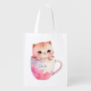 Cute White-Pink Cat in a Tea Cup (2) Grocery Bag