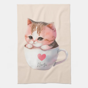 Cute White-Pink Cat in a Tea Cup (2) Kitchen Towel