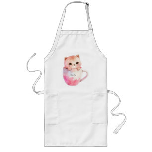 Cute White-Pink Cat in a Tea Cup (2) Long Apron