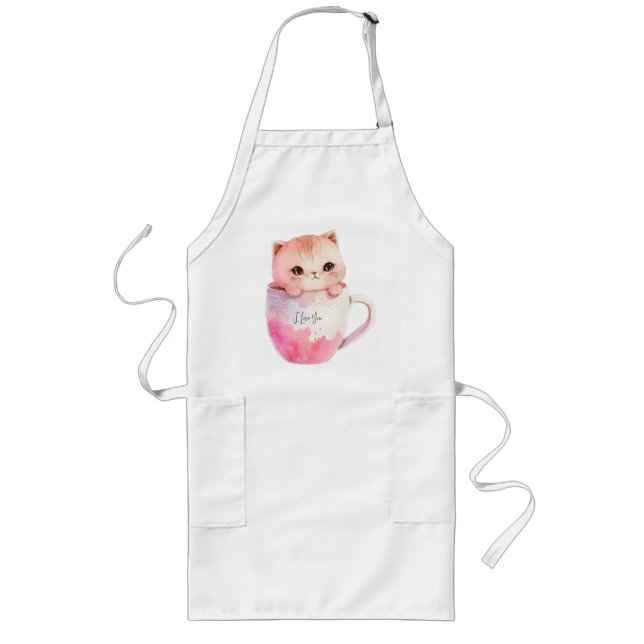 Cute White-Pink Cat in a Tea Cup (2) Long Apron (Front)