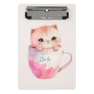 Cute White-Pink Cat in a Tea Cup (2) Mini Clipboard