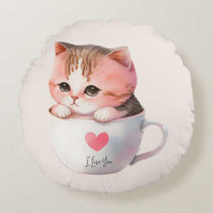 Cute White-Pink Cat in a Tea Cup (2) Round Pillow