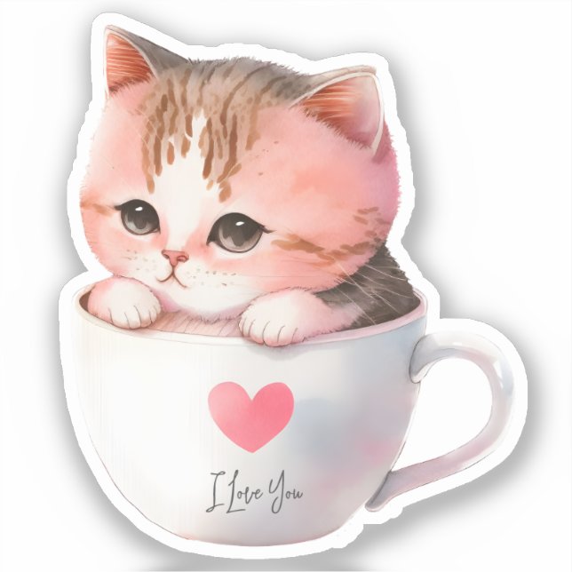 Cute White-Pink Cat in a Tea Cup (2) Sticker (Front)