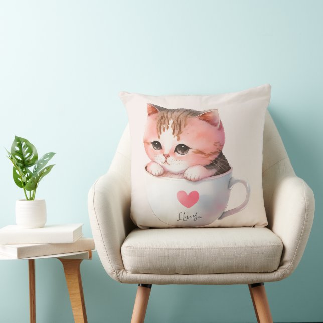 Cute White-Pink Cat in a Tea Cup (2) Throw Pillow (Chair)