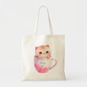 Cute White-Pink Cat in a Tea Cup (2) Tote Bag