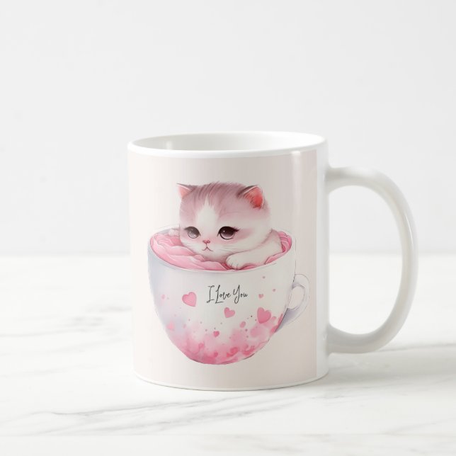 Cute White-Pink Cat in a Tea Cup (3) (Right)