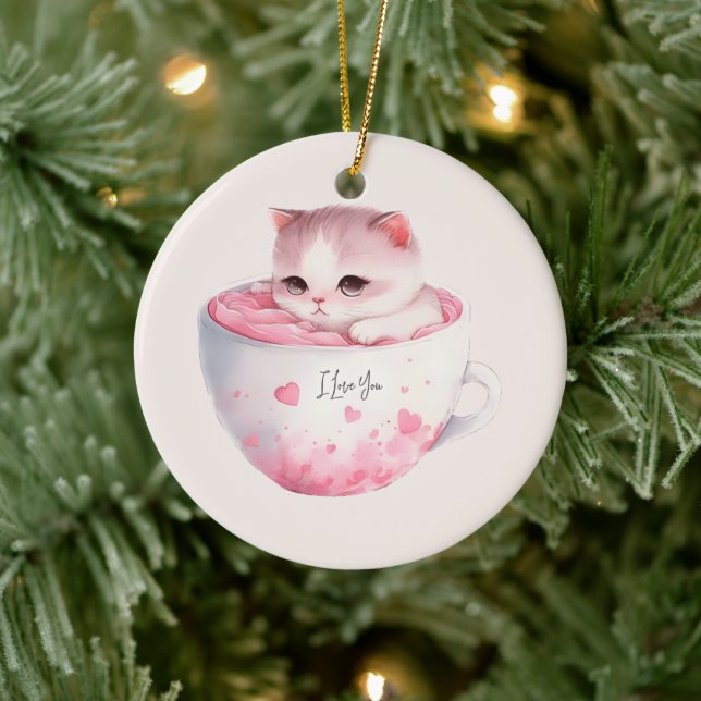 Cute White-Pink Cat in a Tea Cup (3) Ceramic Ornament (Tree)