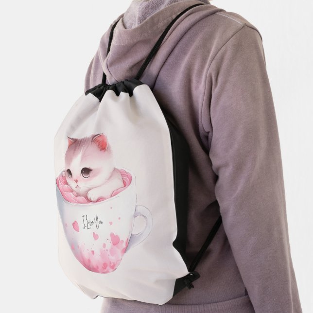 Cute White-Pink Cat in a Tea Cup (3) Drawstring Bag (Insitu)