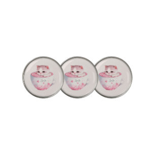 Cute White-Pink Cat in a Tea Cup (3) Golf Ball Marker