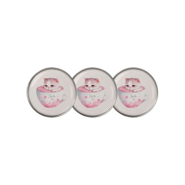 Cute White-Pink Cat in a Tea Cup (3) Golf Ball Marker (3 Up)