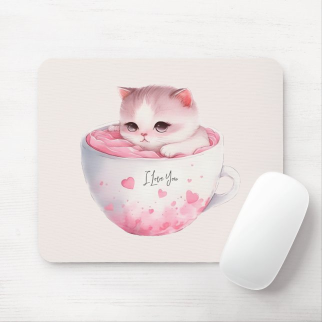 Cute White-Pink Cat in a Tea Cup (3) Mouse Pad (With Mouse)