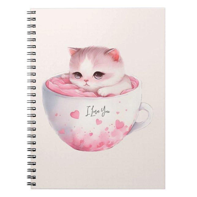 Cute White-Pink Cat in a Tea Cup (3) Notebook (Front)