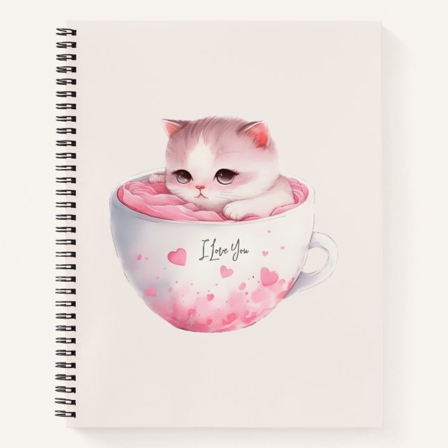 Cute White-Pink Cat in a Tea Cup (3) Notebook (Front)