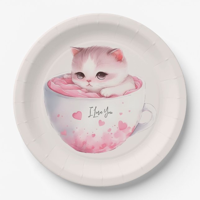 Cute White-Pink Cat in a Tea Cup (3) Paper Plates (Front)
