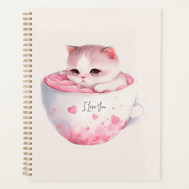 Cute White-Pink Cat in a Tea Cup (3) Planner (Front)