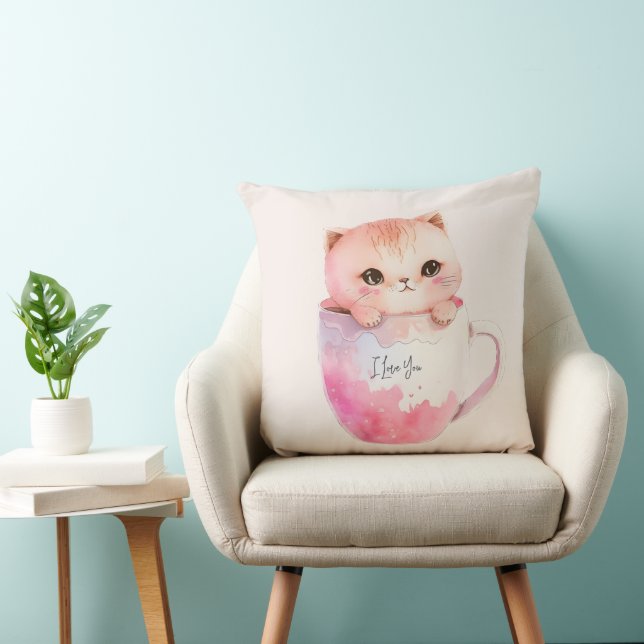 Cute White-Pink Cat in a Tea Cup (3) Throw Pillow (Chair)