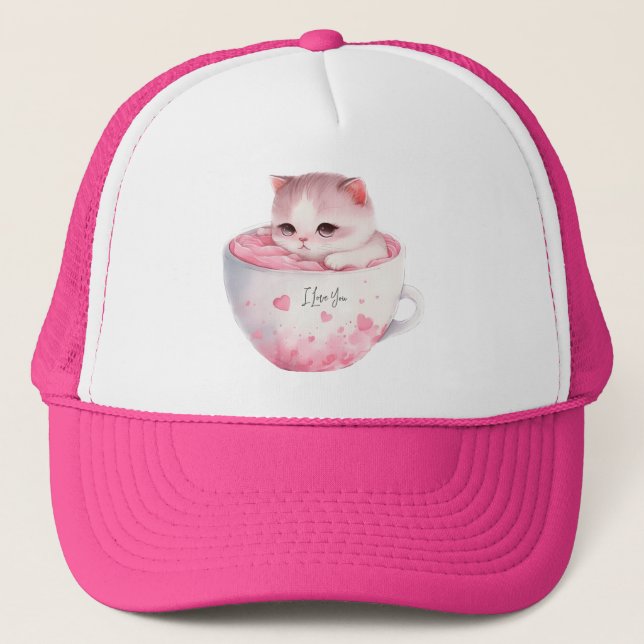 Cute White-Pink Cat in a Tea Cup (3) Trucker Hat (Front)
