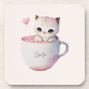 Cute White-Pink Cat in a Tea Cup (4) Beverage Coaster