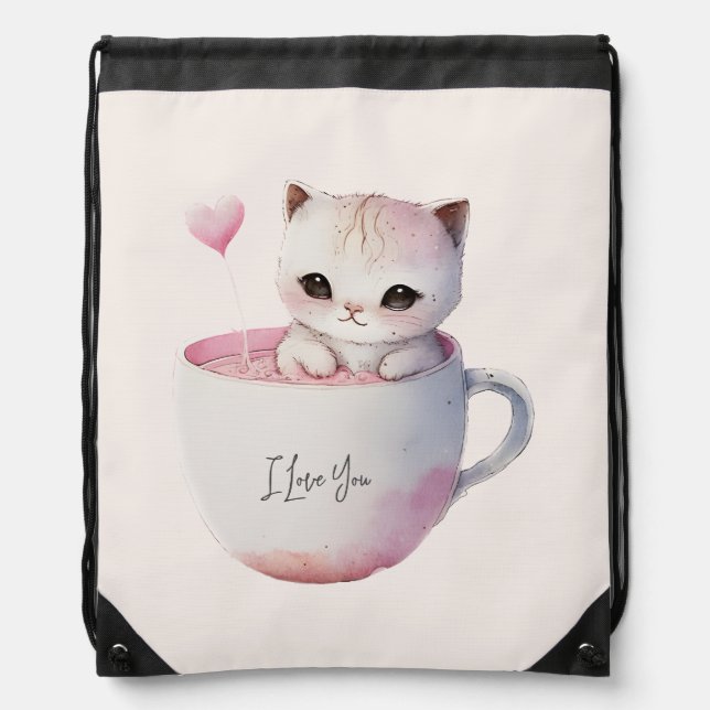 Cute White-Pink Cat in a Tea Cup (4) Drawstring Bag (Front)