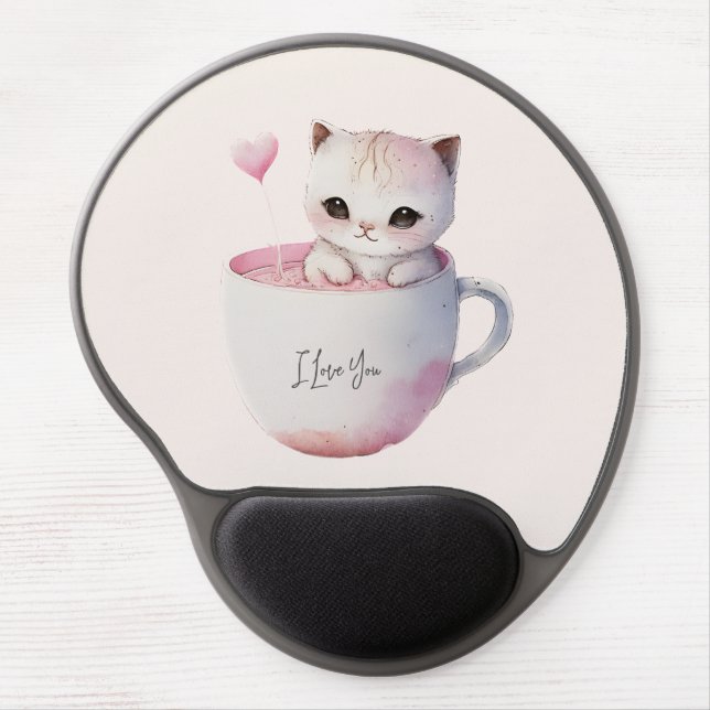 Cute White-Pink Cat in a Tea Cup (4) Gel Mouse Pad (Front)