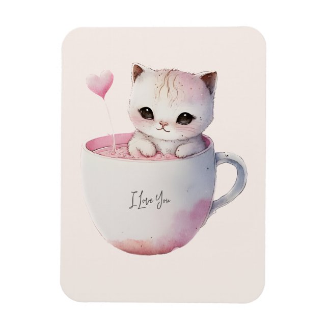 Cute White-Pink Cat in a Tea Cup (4) Magnet (Vertical)