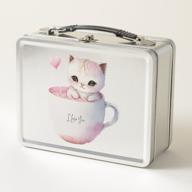 Cute White-Pink Cat in a Tea Cup (4) Metal Lunch Box (Front)