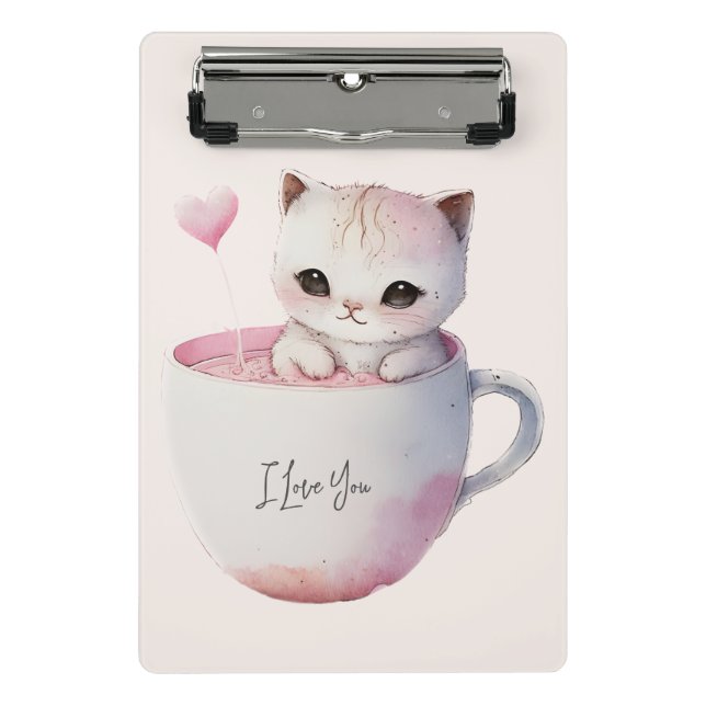 Cute White-Pink Cat in a Tea Cup (4) Mini Clipboard (Front)