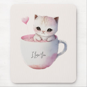 Cute White-Pink Cat in a Tea Cup (4) Mouse Pad
